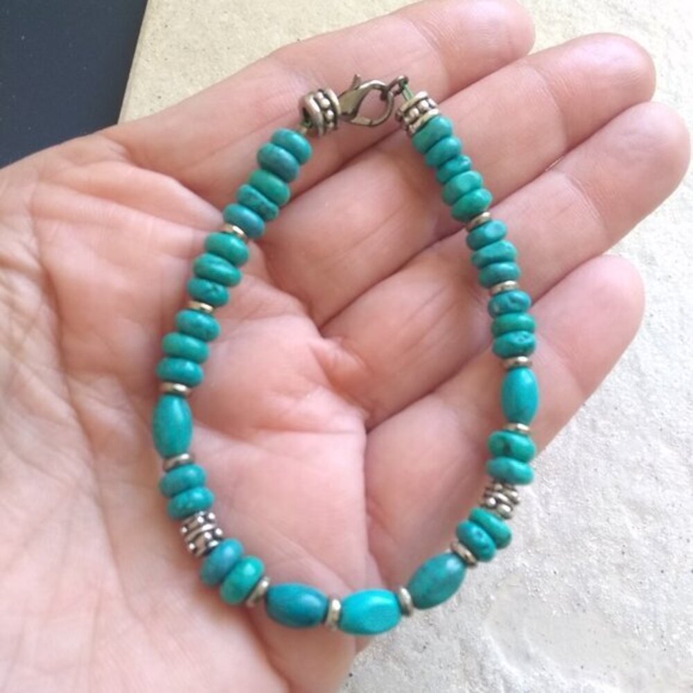 Handmade: Minimalist 7" Bead Bracelet ~ Turquoise Magnesite - Boho Coastal Chic - Picture 2 of 5